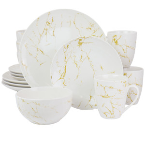 Elama Fine Marble 16 Piece Stoneware Dinnerware Set in Gold and White D970-EL-FINEMARBLE-G