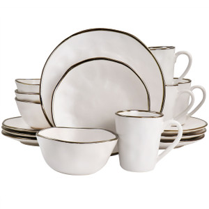 Elama Modern 16 Piece Stoneware Dinnerware Set in Matte White with Gold Rim D970-ELM-CHRISTIAN16