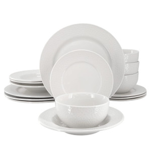 Elama Soyer 16 Piece Textured Design Double Bowl Porcelain Dinnerware Set in White D970-ELM-SOYER16