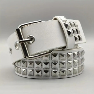 Color: WHITE, Belt Length: 110cm - Fashion New Square Bead Rivet Belt Metal Pyramid Belt Men and Wo F640-12000035799157590