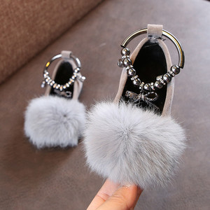 Color: Grey, Size: 30 - Girls' Princess Shoes With Flat Bow And Fur Q119-CJWJXDNY00671-Grey-30