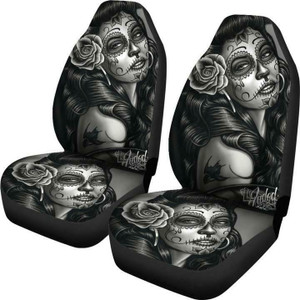 Color: Black, Style: Single seat - Black And White Tattooed Woman High Back Print Car Seat Cover Q119-CJQCNBQC00354-Black-Single seat