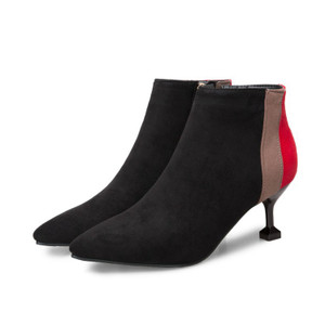 Color: Black red, Size: 46 - Suede pointed toe colorblock side high stiletto ankle boots Q119-CJBHNSNS25296-Black red-46
