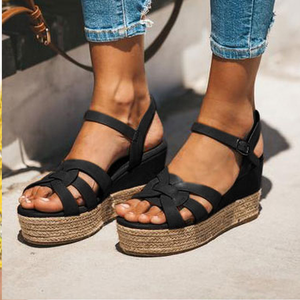 Color: Black, Size: 42 - Straw wedge sandals Q119-CJBHNSNS11769-Black-42