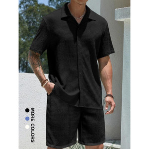 Color: Black, Size: XXL - Single Suite Men's Solid Color Shirt And Shorts Two-piece Set Q119-CJTW246018915OL