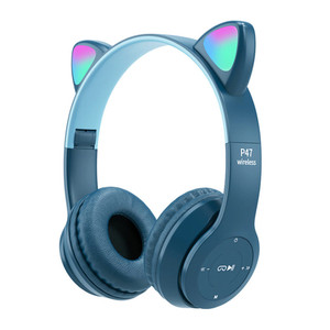 P47m Cute Cat Ears Luminous Head-mounted Headphones Wireless Bluetooth Game Headset dark blue K484-FQZCO_C832NGO9