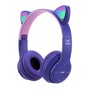 P47 Kids Headphones With Cat Ear RGB Led Light Up Foldable Over-Ear Headphones With AUX 3.5mm Wirel K484-PEL_0QJ60HGJ