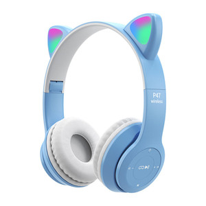 P47m Cute Cat Ears Luminous Head-mounted Headphones Wireless Bluetooth Game Headset blue and white K484-FQZCO_C832NV1H
