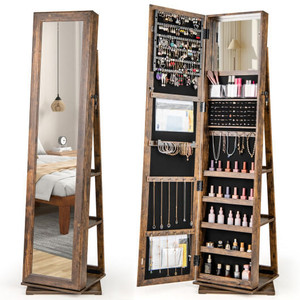 360?° Swivel Jewelry Armoire Standing Jewelry Organizer with Full Length Mirror and Back Shelves-Ru D681-JV12477FG