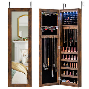 Wall or Door Mounted Jewelry Cabinet with Full-Length Mirror and LED Lights-Rustic Brown - Color: R D681-JV13329FG