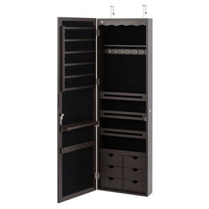 5 LEDs Lockable Mirror Jewelry Cabinet Armoire with 6 Drawers-Brown - Color: Brown D681-HW63090CF