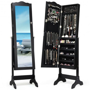 Mirrored Lockable Jewelry Cabinet Armoire Organizer Storage Box-Black - Color: Black D681-JV10088BK