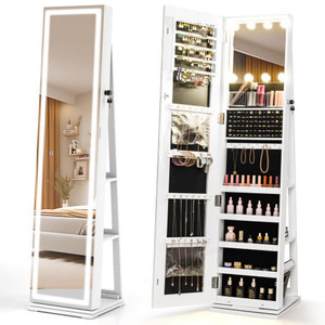 360?° Swivel Freestanding Jewelry Cabinet with Lighted Full Length Mirror-White - Color: White D681-JV12479US-WH