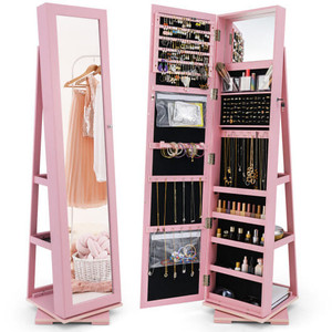 360?° Rotatable 2-in-1 Lockable Jewelry Cabinet with Full-Length Mirror-Pink - Color: Pink D681-HW64483PI
