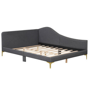 Full/Twin Size Rivet-Tufted Platform Bed with Metal Legs and Wood Slats-Full Size B593-HU10936GR