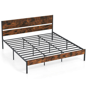 Twin/Full/Queen/King Metal Bed Frame with Wooden Headboard and Footboard-King Size - Color: Rustic  D681-HU10790CF-K