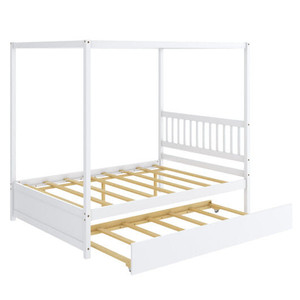 Full Size Canopy Bed with Trundle Wooden Platform Bed Frame Headboard-White - Color: White D681-HU10293WH