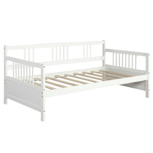 Twin Size Wooden Slats Daybed Bed with Rails-White - Color: White D681-HW63521WH