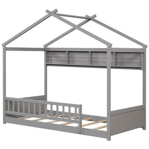 Twin Size House Bed with Storage Shelf and Headboard-Gray - Color: Gray D681-HU11009GY