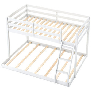 Twin Over Full Bunk Bed Low Floor Bunk Bed Frame-White - Color: White D681-HU11195WH