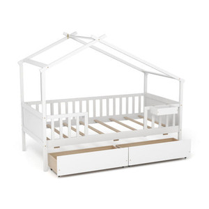 Twin House Bed with 2 Storage Drawers and Roof & Fence Rails-White B593-HU10753