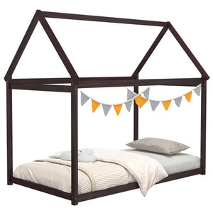 Stable Kids Platform Floor Bed with Roof and Heavy-Duty Slats-Espresso - Color: Espresso D681-HU10054CF