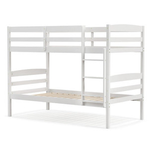 Solid Wood Twin Over Twin Bunk Bed Frame with High Guardrails and Integrated Ladder-White - Color:  D681-HU10487WH-T