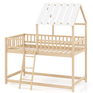 Twin Over Twin House Bunk Bed with Roof and Full-length Guardrails for Kids Teens Boys Girls-Natura D681-HU11271NA-T