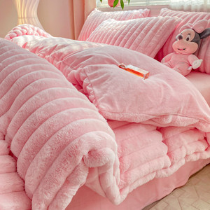 Color: Pink Jade, Style: 1.5M fitted sheet - Rabbit Plush Four-piece Set Thickened Milk Fiber Sheet Q119-CJCS253284714NM