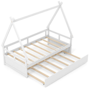 Twin Size House Bed with Trundle and Safety Guardrail-White - Color: White - Size: Twin Size D681-HU10914WH