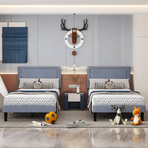 Set of 2 - Twin size Grey Upholstered Platform Bed Frame with Headboard Q280-GRYWB6583136