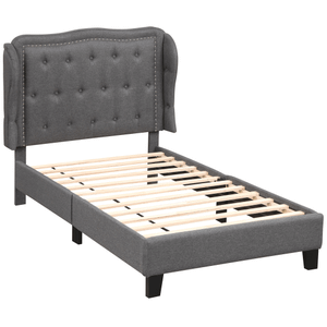 Twin Size Bed Frame with Button Tufted Wingback Headboard and Storage Space-Gray - Color: Gray - Si D681-HU10779GR-T