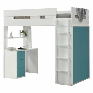 White And Teal Twin Loft Bed And Desk N270-318774
