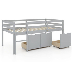 Twin Size Low Loft Bed with 3 Drawers with Ladder and Full-length Guardrails-Gray B593-HU10706
