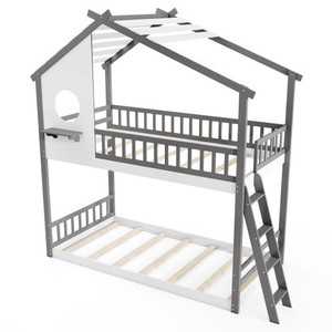Twin over Twin House Bunk Bed with Roof and Guardrails for Kids-White & Gray B593-HU10999+