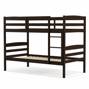 Solid Wood Twin Over Twin Bunk Bed Frame with High Guardrails and Integrated Ladder-Espresso - Colo D681-HU10487CF-T