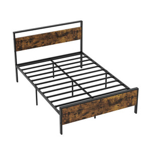 Full Metal Bed Frame Industrial Platform Bed with Wooden Headboard-Full Size - Color: Rustic Brown  D681-HU10838CF-F