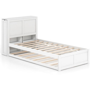 Twin/Full Kids Wooden Platform Bed with Trundle Storage Headboard-Full Size B593-HU10536WH+