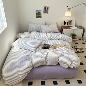 Pattern: Blueberry Stripe, Size: 1.5m Bed Sheet - Cotton Yarn-dyed Washed Cotton Four-piece Set Ful Q119-CJCS188210218RI