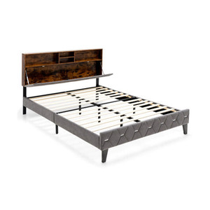 Full/Queen Size Upholstered Bed Frame with Storage Headboard-Queen Size - Color: Gray - Size: Queen D681-HU10345GR-Q