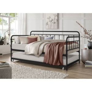 Twin size Black Rounded Iron Daybed with Roll Out Trundle Bed Frame Q280-BKLDBWT1958473