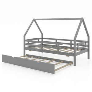 Twin House Bed with Trundle and Fence Rail-Gray B593-HU10797-T