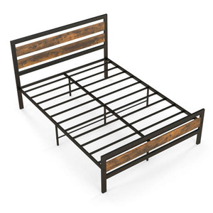 Full/Queen Industrial Bed Frame with Rustic Headboard and Footboard-Full Size - Color: Rustic Brown D681-HU10461DK-F