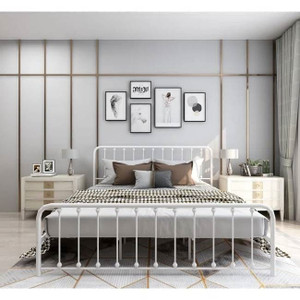 King White Metal Platform Bed Frame with Rounded Corners Headboard Footboard Q280-KNGWMPB1769852
