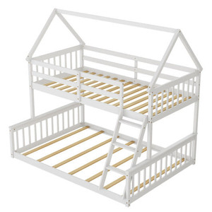 Twin Over Full House Bunk Bed with Ladder and Guardrails-White - Color: White D681-HU10394WH+