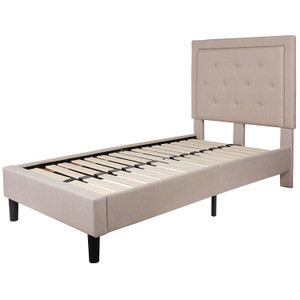 Twin Beige Fabric Upholstered Platform Bed with Button Tufted Headboard Q280-TWBEPBCUE1885192