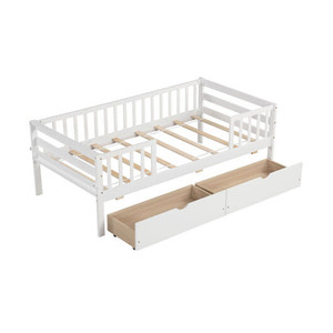 Twin Daybed with Fence and 2 Drawers Kids Bed for Boys & Girls-White - Color: White D681-HU10752WH