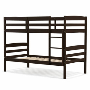Solid Wood Twin Over Twin Bunk Bed Frame with High Guardrails and Integrated Ladder-Espresso B593-HU10487-T