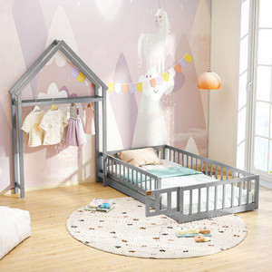 Twin Size House Floor Bed with House-shaped Headboard-Gray - Color: Gray - Size: Twin Size D681-HU11127GY