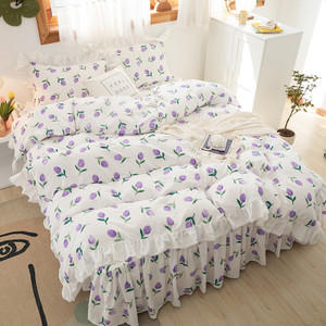 Color: Tulip, Bedding Size: 2.0m bed skirt style - Small Floral Korean Version Bed Skirt Set Of Fou Q119-CJCS195173509IR